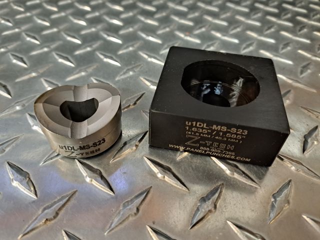 MS Shell 23 "D"  Die Set 1.635" Dia.  1.585" Over Flat Heavy Duty S7 Center,  rated to 12 gauge stainless steel.  Mil Spec D38999 Shell "H".  