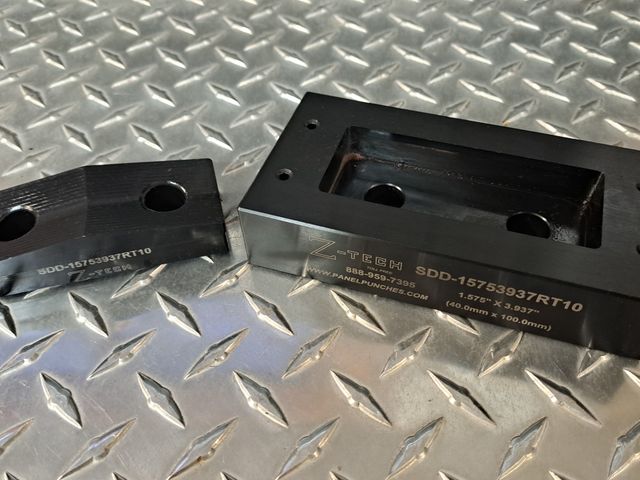 Custom Super Dandy Dieset, Opening size 1.575" x 3.937",  40 MM x 100 MMFor Roxtec EzEntry #10.  Includes guide holes in die base for drilling device mounting holes