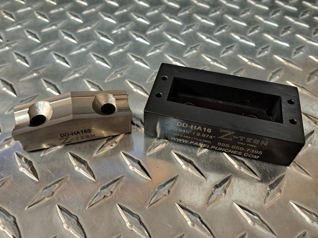 Standard opening for Harting "A" series. Includes guide holes in die base for drilling device mounting holes. 
 .945" by 2.874"
S-7 Center for stainless up to 12 gauge when used with our CYL-150 draw cylinder.