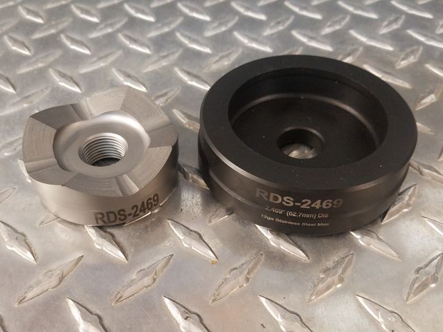 Custom Round Die Heavy Duty S series
2.469" Diameter
O1- Cup,  S-7 Punch 
Rated to 12 gauge stainless Steel