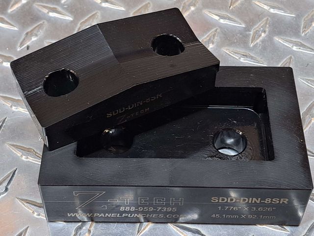 Super Dandy Die DIN-8  1.776" X 3.626", (45.1MM X 92.1MM), with standard .073" radius corners. Industry standard opening