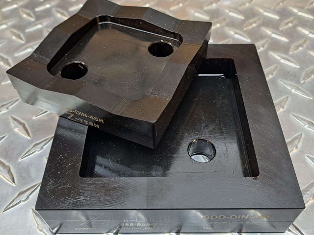 Super Dandy Die DIN-4  3.626" X 3.626", (92.1MM X 92.1MM), with standard .073" radius corners. Industry standard opening
