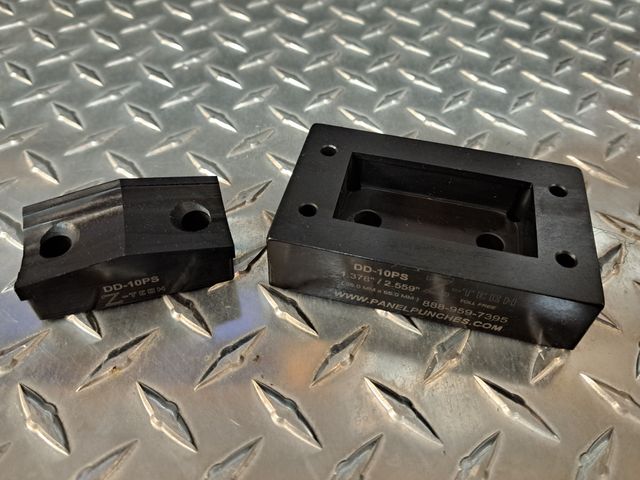Dandy Dieset, 1.378" x 2.559" (35mm x 65mm) for Harting "B" series and Wieland connectors.  Includes drill guide holes in die base 