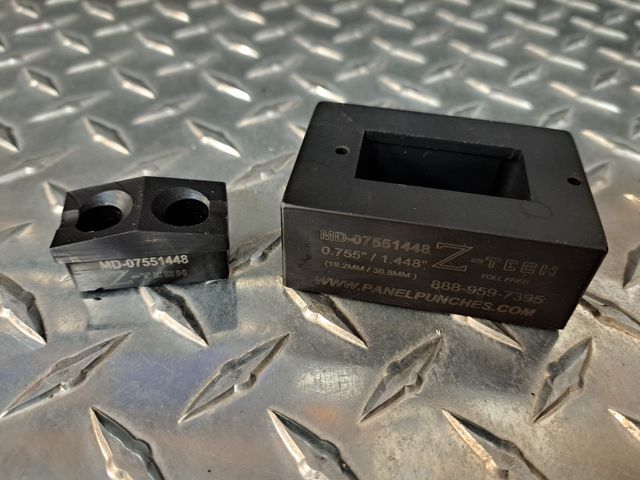 Custom Mini Dandy Die 0.755" by 1.448" Opening for LEL series single pole CB with drill guides for mounting